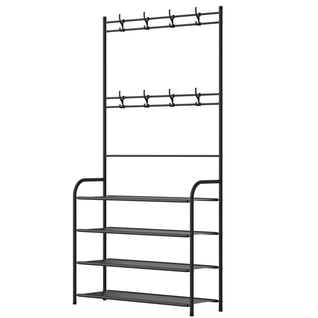 Black 5 Tier Shoe Rack Coat Hat Organizer Freestanding Hall Tree Storage Shelves Image 7