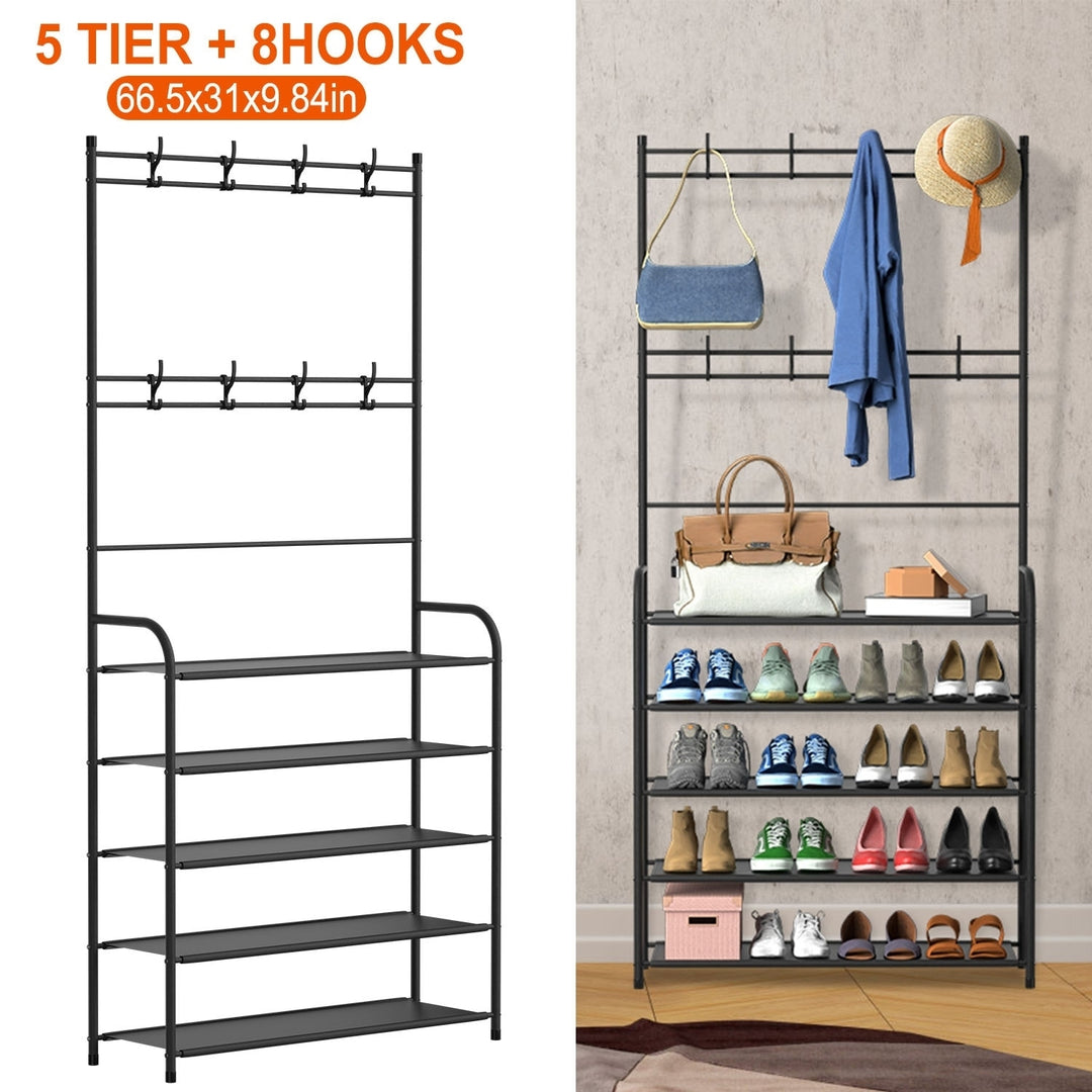 Black 5 Tier Shoe Rack Coat Hat Organizer Freestanding Hall Tree Storage Shelves Image 10