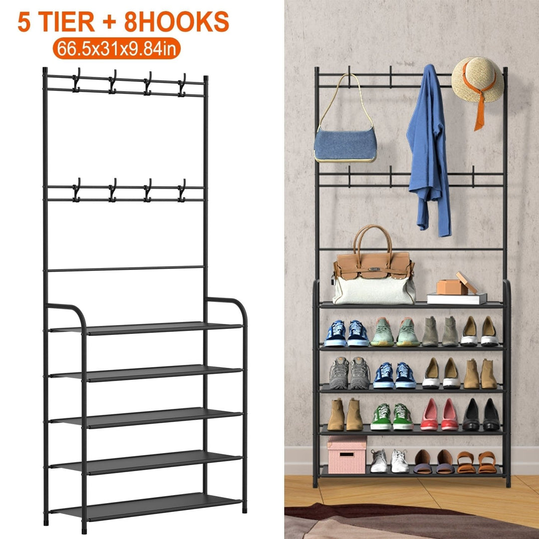 Black 5 Tier Shoe Rack Coat Hat Organizer Freestanding Hall Tree Storage Shelves Image 1