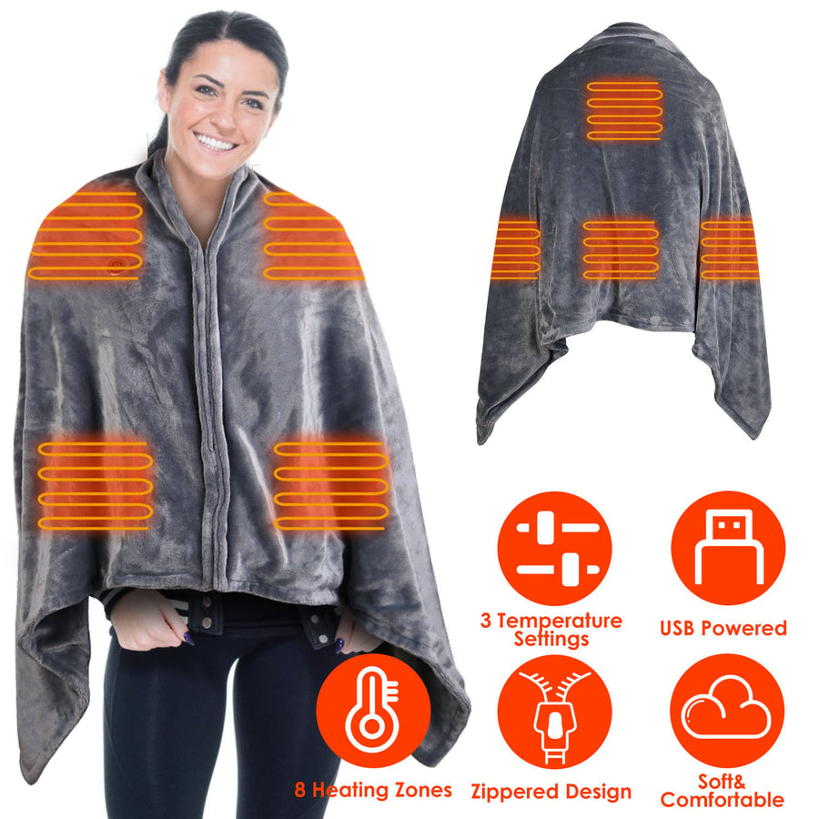 USB Heated Blanket Poncho Shawl 59x31in Grey Washable Flannel 8 Heating Zones Image 1