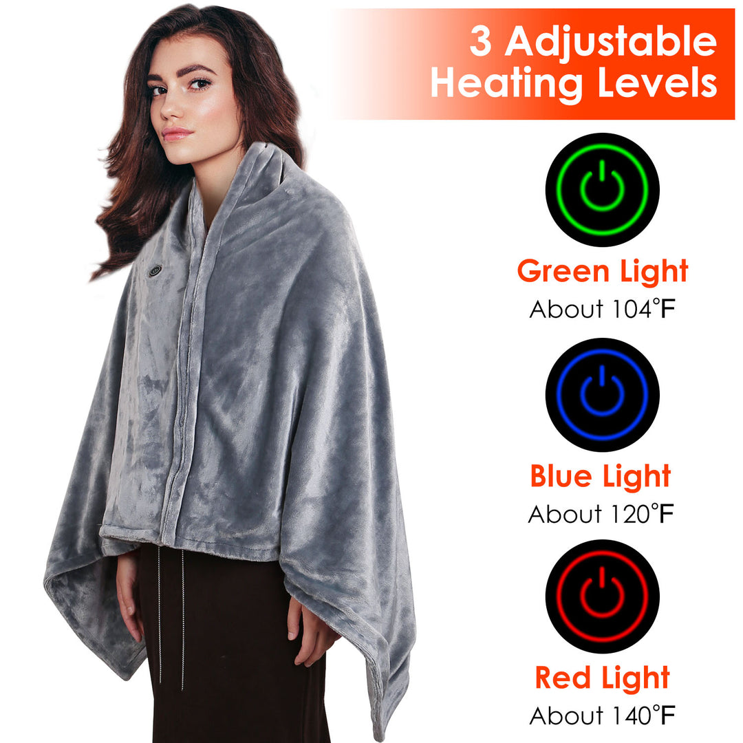 USB Heated Blanket Poncho Shawl 59x31in Grey Washable Flannel 8 Heating Zones Image 2