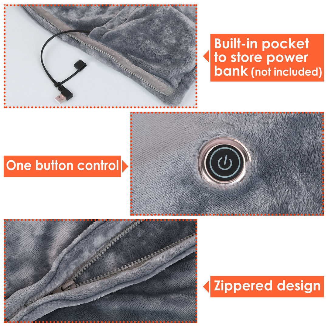 USB Heated Blanket Poncho Shawl 59x31in Grey Washable Flannel 8 Heating Zones Image 5