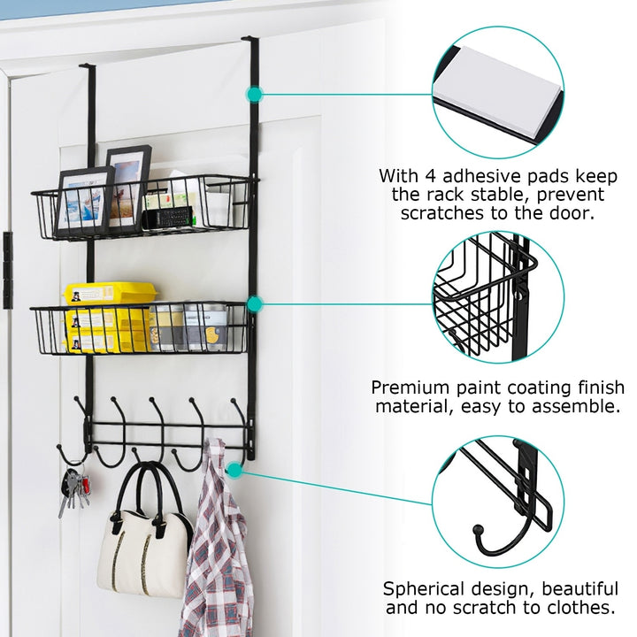 Over the Door Hooks Organizer Towel Rack 5 Hooks 2 Baskets Metal Black White Image 2