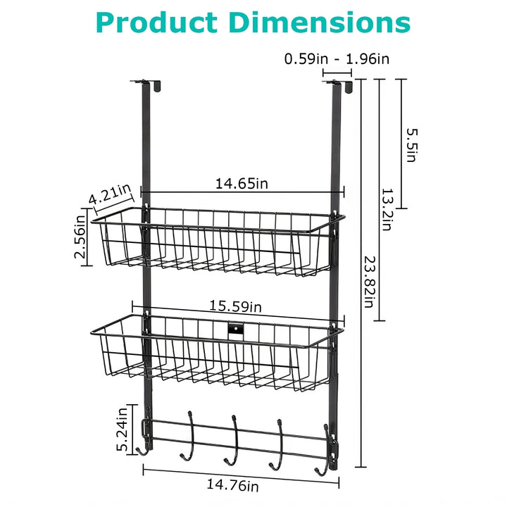 Over the Door Hooks Organizer Towel Rack 5 Hooks 2 Baskets Metal Black White Image 5