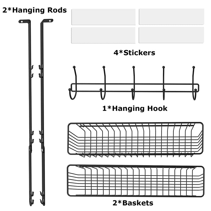 Over the Door Hooks Organizer Towel Rack 5 Hooks 2 Baskets Metal Black White Image 6