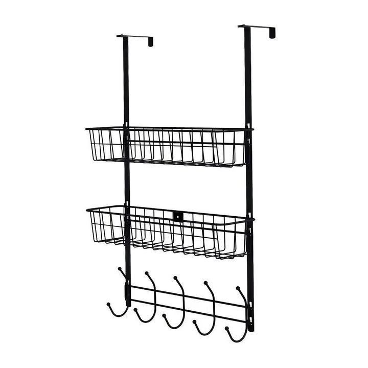 Over the Door Hooks Organizer Towel Rack 5 Hooks 2 Baskets Metal Black White Image 9