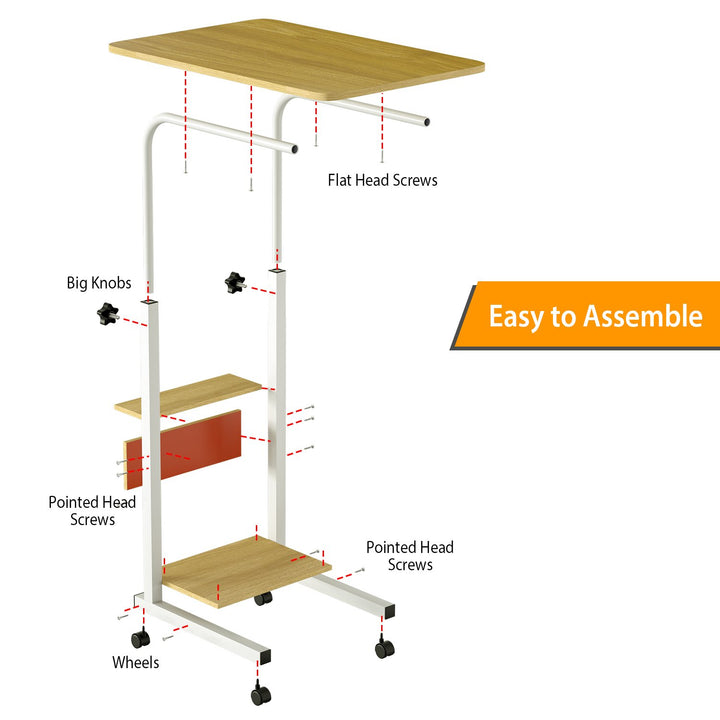 C Side Table 3-Tier Sofa Desk Adjustable Height Rolling Wheels Beige Small Spaces Image 5