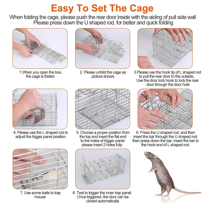 Foldable Humane Live Rat Trap Cage Galvanized Iron with L Shaped Rod 36.5x13x22cm Image 8