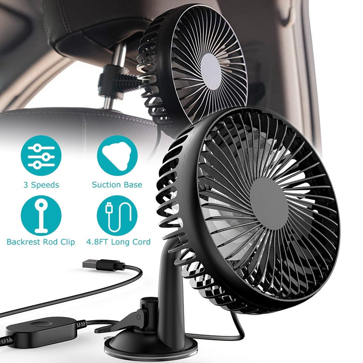 Portable USB Car Cooling Fan 3 Speeds Rotatable Dashboard Backseat Clip Fan Black Image 1