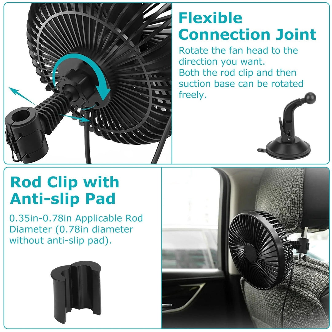 Portable USB Car Cooling Fan 3 Speeds Rotatable Dashboard Backseat Clip Fan Black Image 3