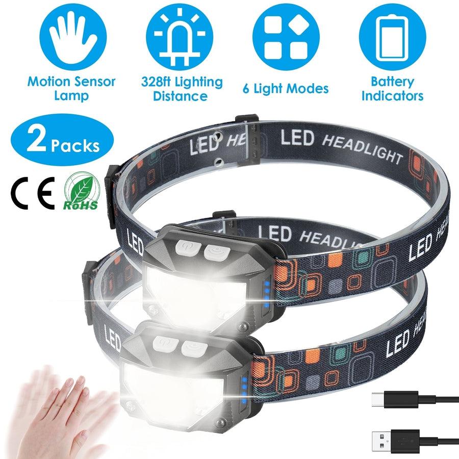 2 Packs Rechargeable Motion Sensor Headlamp Black 6 Light Modes Adjustable Band Image 1