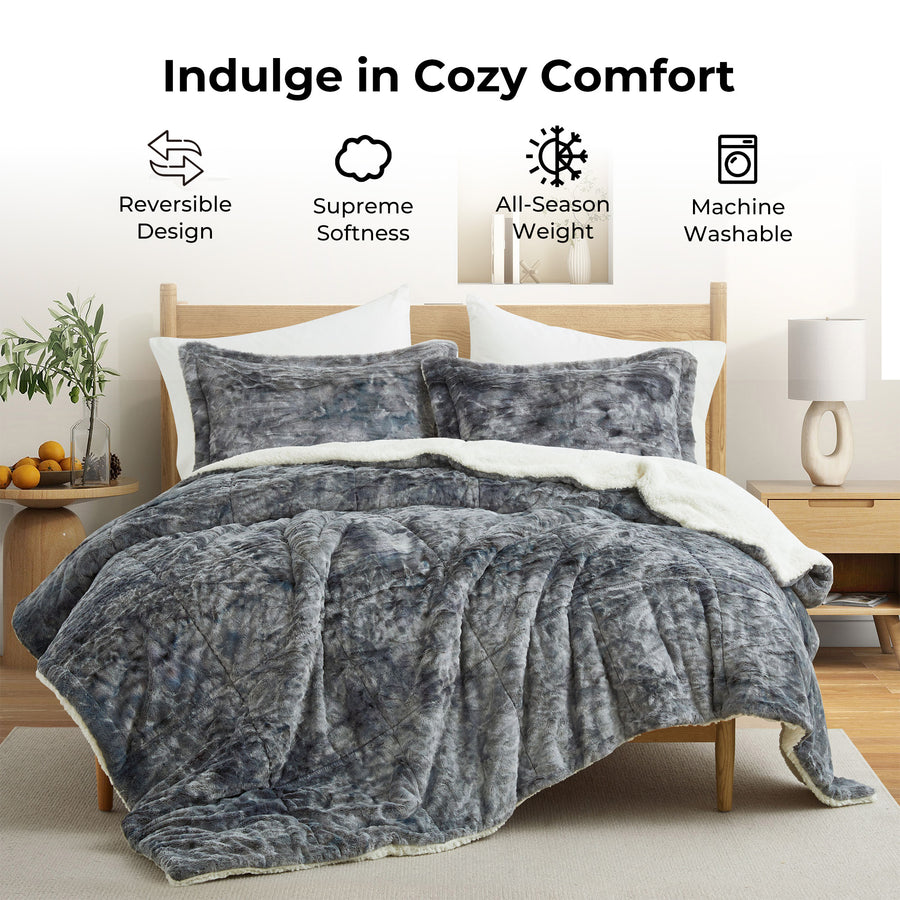 Faux faux Plush 3-Piece Microfiber Comforter Bedding Set, Luxury Soft Velvet Fuzzy Fluffy Bedding Set Image 1