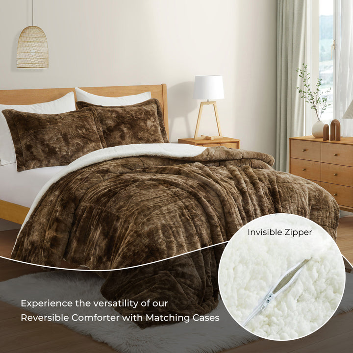 3-Piece Faux faux Reversible Comforter Set Soft Fluffy Bedding Set, Winter Comforter Set Image 5