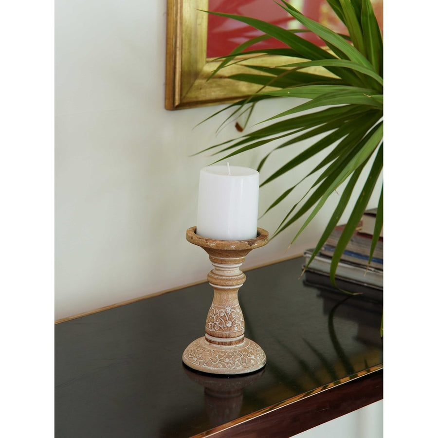 Traditional White Wash Eco-friendly Handmade Mango Wood Pillar Candle Holder BBH Homes Image 1