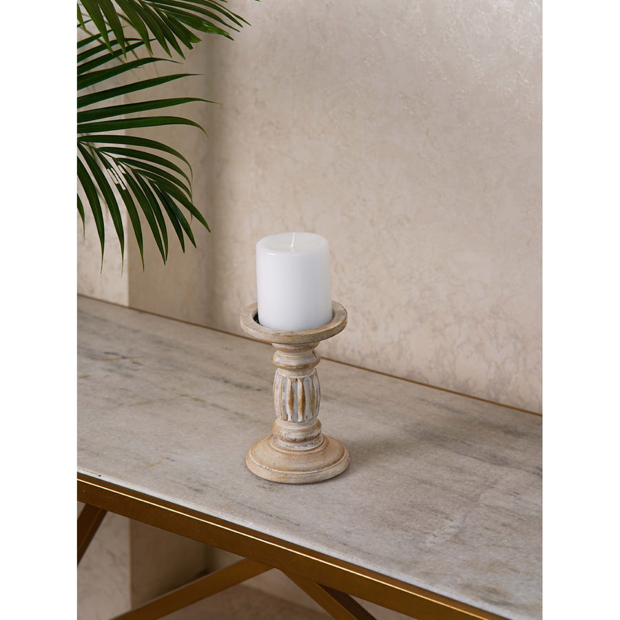 Traditional Antique White Eco-friendly Handmade Mango Wood Pillar Candle Holder BBH Homes Image 1