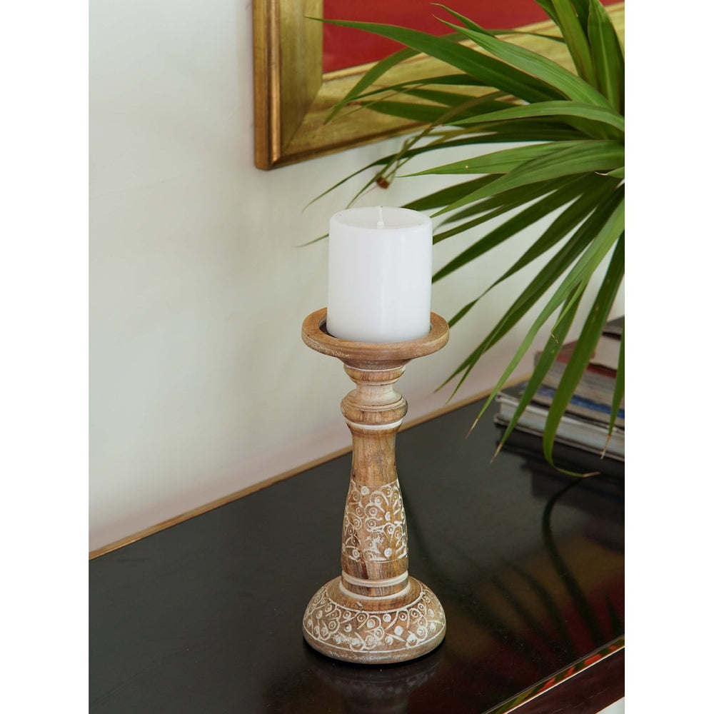 Traditional White Wash Eco-friendly Handmade Mango Wood Pillar Candle Holder BBH Homes Image 2