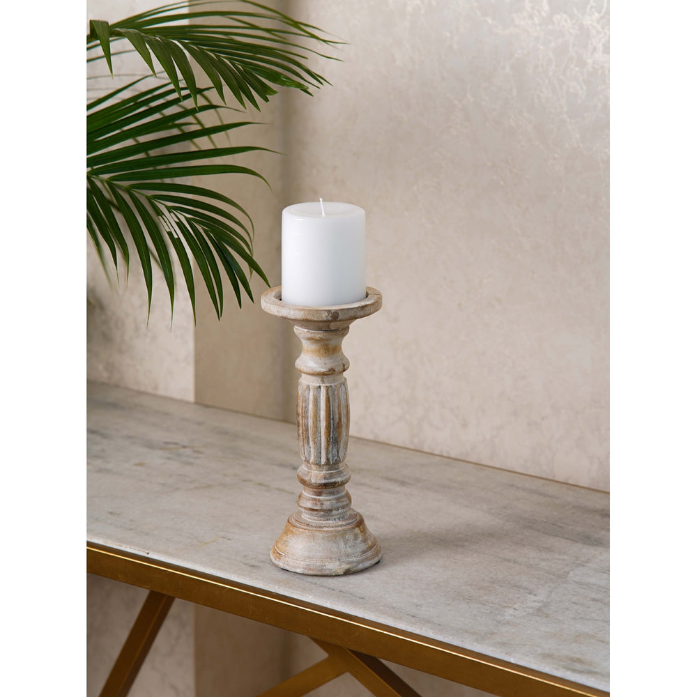 Traditional Antique White Eco-friendly Handmade Mango Wood Pillar Candle Holder BBH Homes Image 2