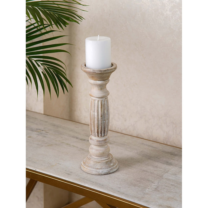 BBH Homes Antique White Handmade Mango Wood Candle Holder 6-15 Inches Eco-Friendly Image 1