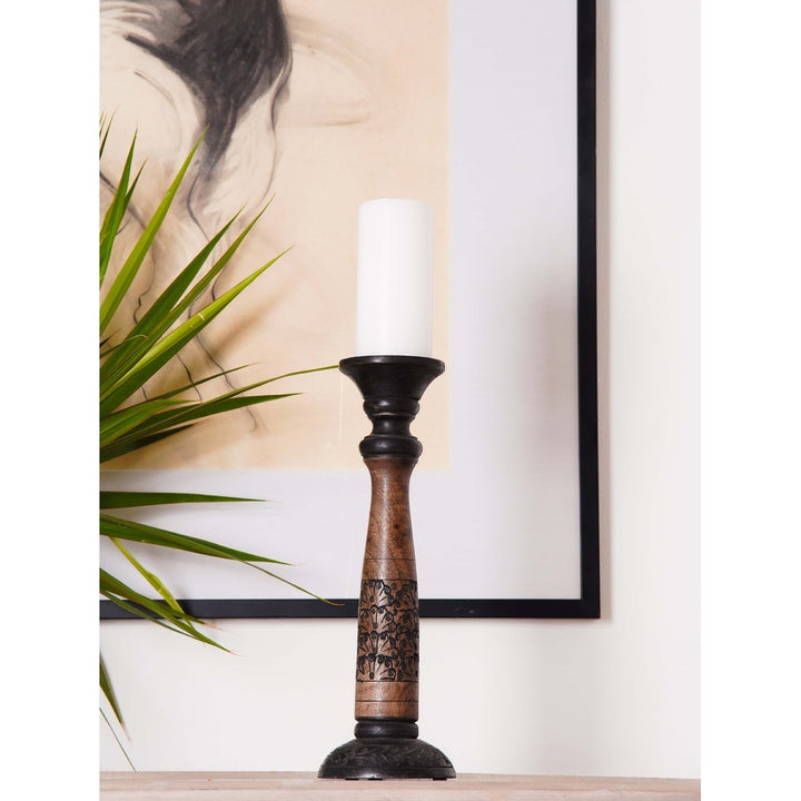 BBH Homes Black Wash Mango Wood Pillar Candle Holder Eco-friendly 6-15 Inch Image 1