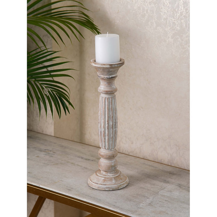 BBH Homes Antique White Handmade Mango Wood Candle Holder 6-15 Inches Eco-Friendly Image 1