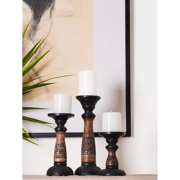 BBH Homes Black Wash Mango Wood Pillar Candle Holder Eco-friendly 6-15 Inch Image 1