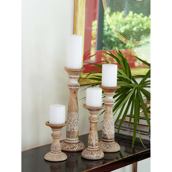 BBH Homes Eco-Friendly Handmade Mango Wood Candle Holder White Wash 6-15 in Image 1