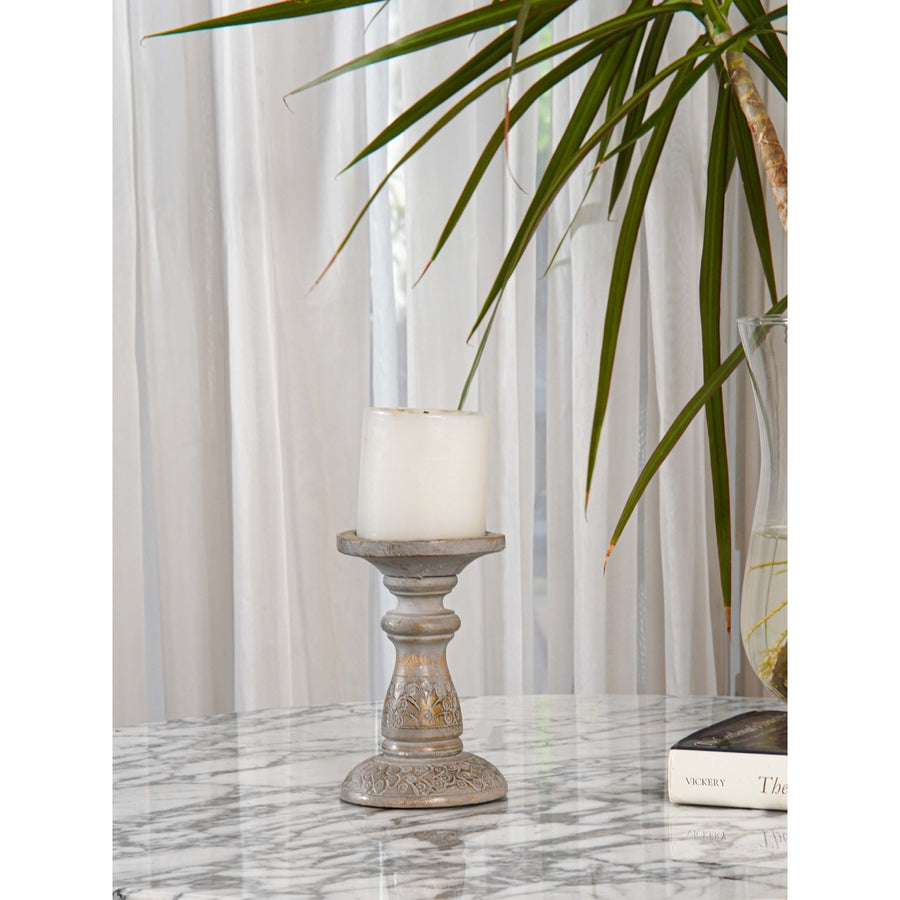 Traditional Gray Wash Eco-friendly Handmade Mango Wood Pillar Candle Holder Image 1