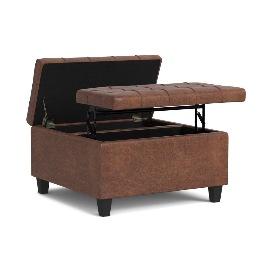 Harrison Small Square Coffee Table Storage Ottoman in Distressed Vegan Leather Image 1