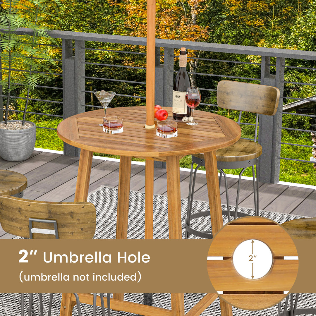 31.5 Patio Round Bar Table Acacia Wood W/Umbrella Hole Indoors Outdoors Natural Image 9