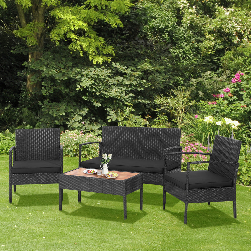 4PCS Patio Rattan Furniture Set Cushioned Chair Wooden Tabletop Black Image 2