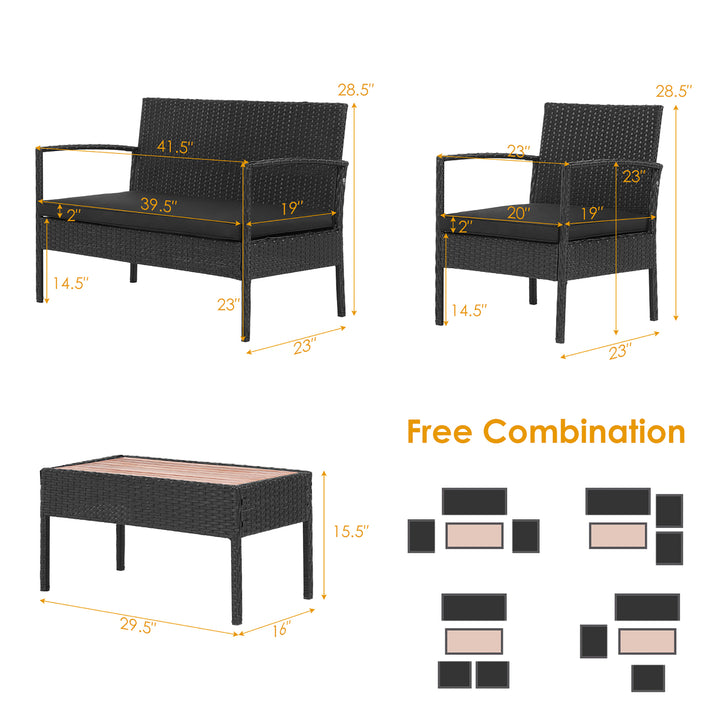 4PCS Patio Rattan Furniture Set Cushioned Chair Wooden Tabletop Black Image 3