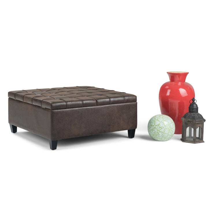 Harrison Coffee Table Ottoman Distressed Vegan Leather 36x36 Storage Lift Top Image 6