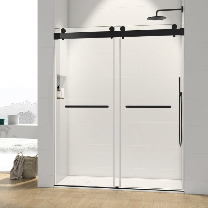 Catalyst 60" W x 76" H Sliding Frameless Shower Door in Matte Black with Clear Glass Image 7