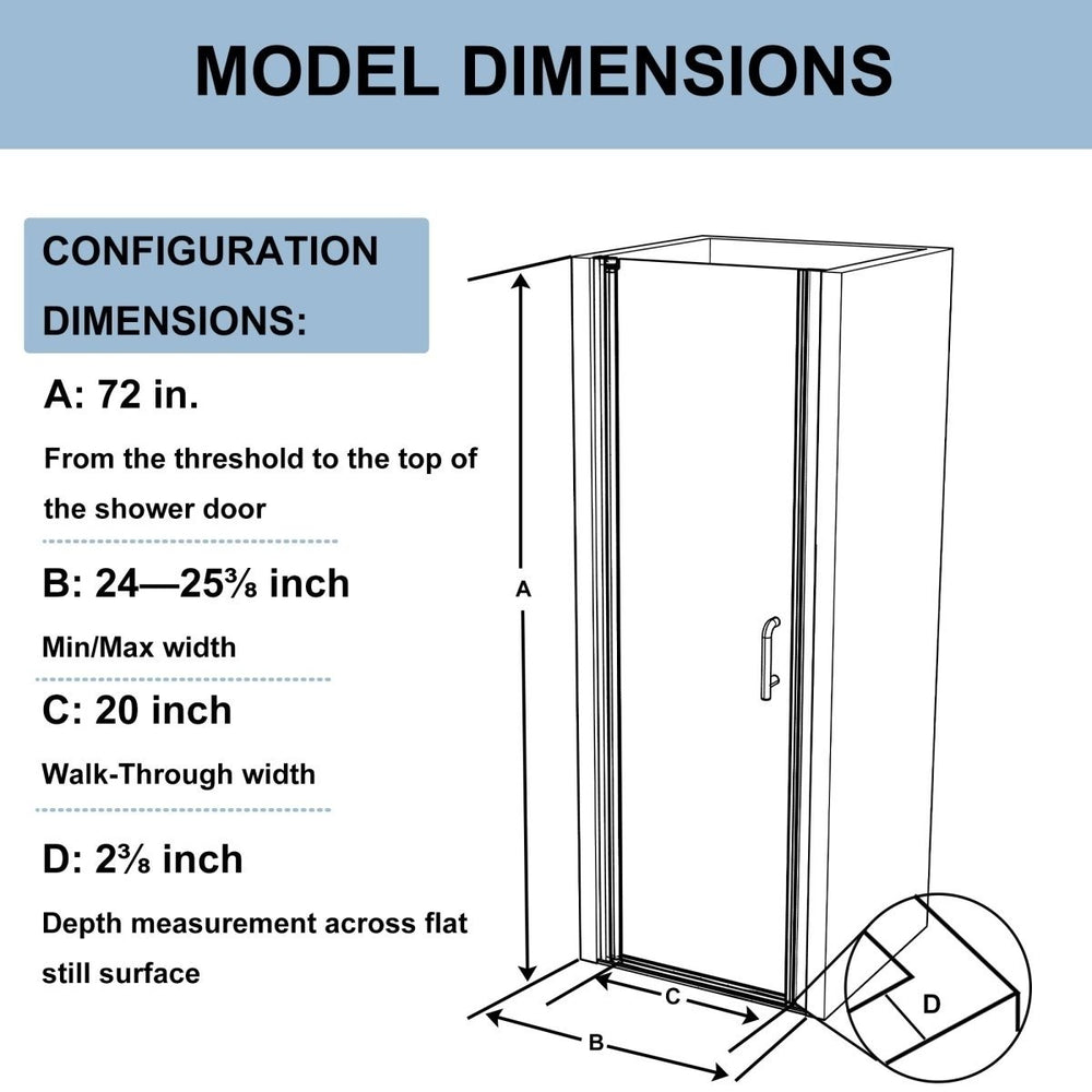 Classy 24-25" W x 72" H Clear Glass Pivot Shower Door Chrome 1/4" Thick Glass Image 2