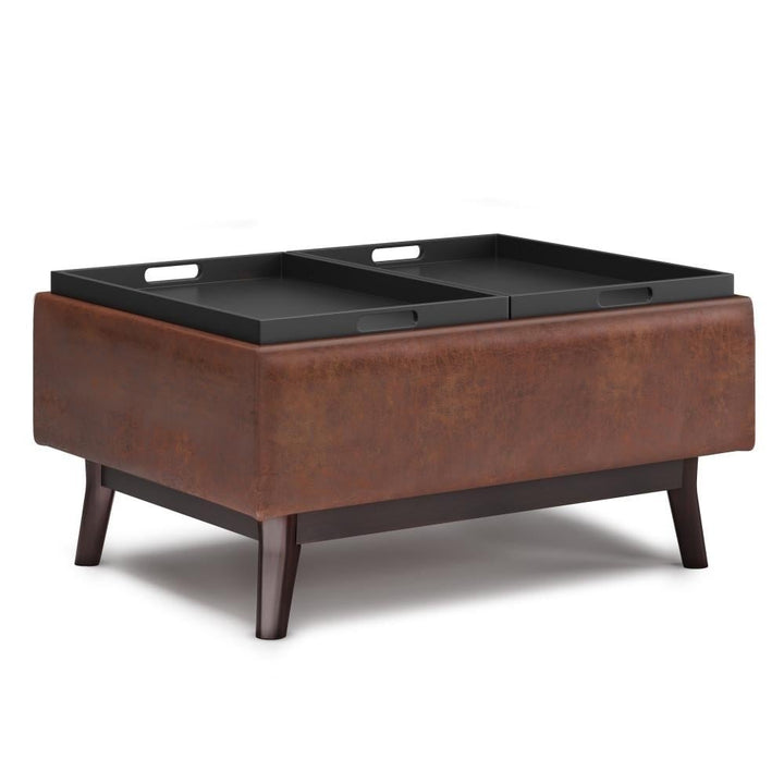 Owen Tray Top Small Coffee Table Ottoman Storage Distressed Saddle Brown 34" W Image 5