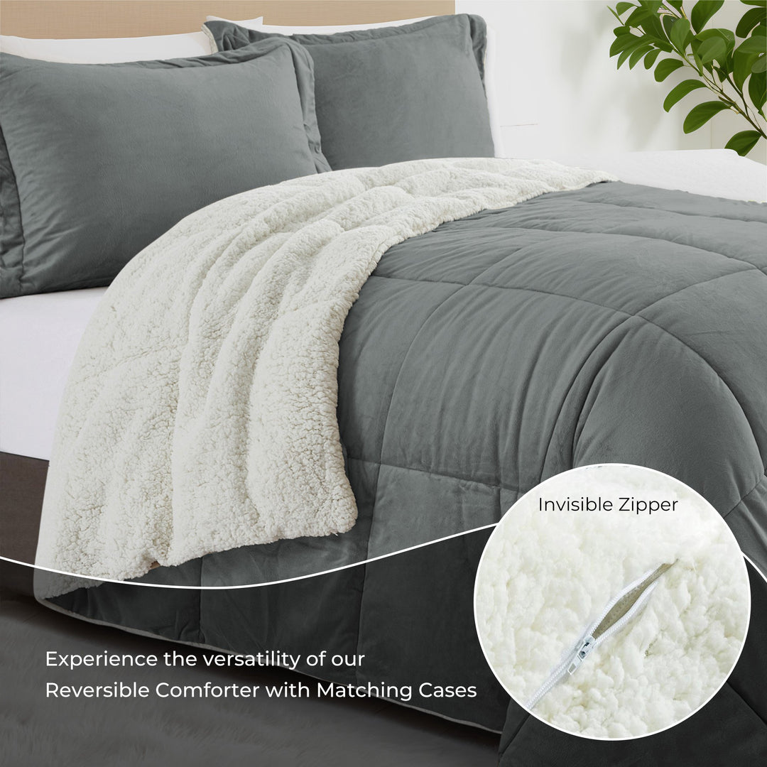 3 Piece All Season Comforter Set with Shams Reversible Faux Shearling-Down Alternative Comforter Set Image 4