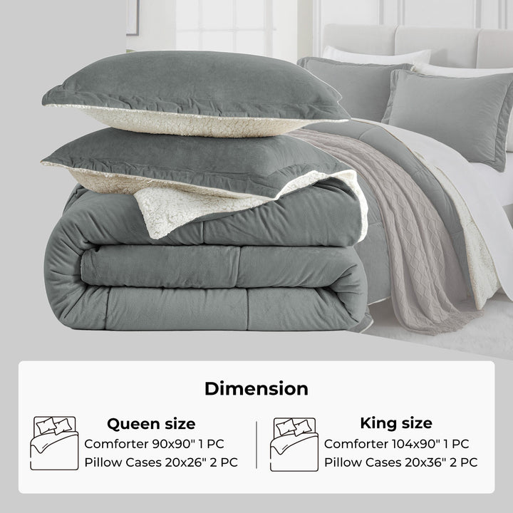 3 Piece Reversible Sherpa Velvet Comforter Set Queen King Size Soft Bedding Image 1