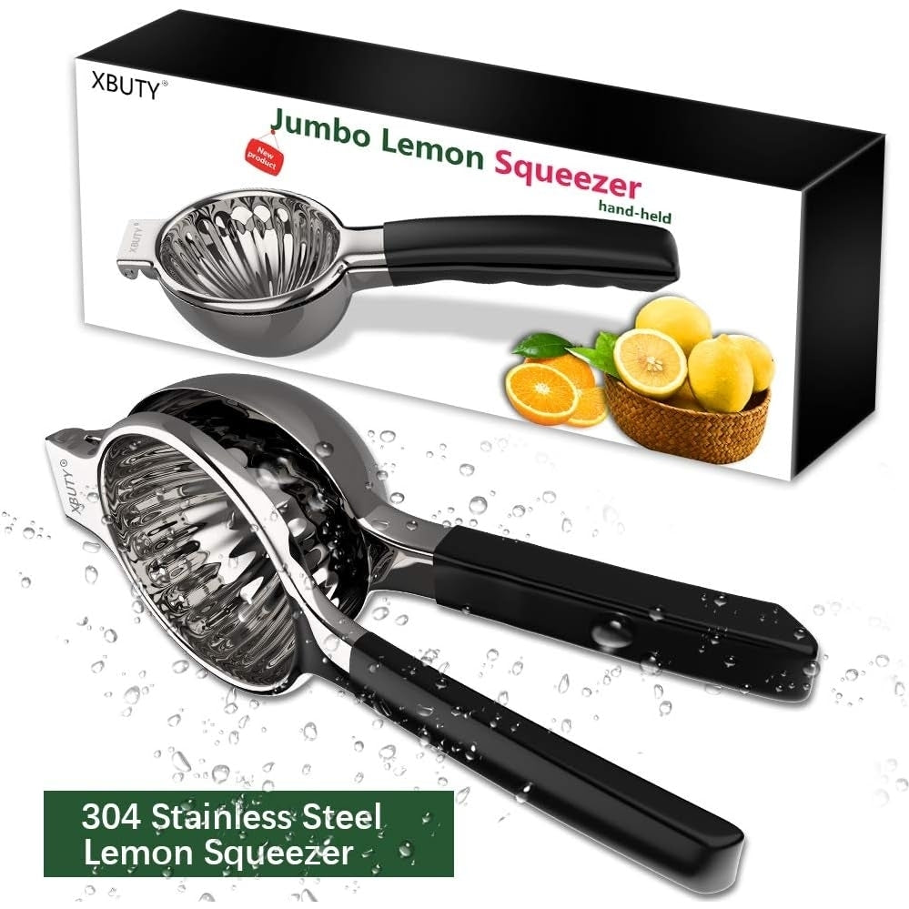 XBUTY Extra Large Lemon Squeezer Stainless Steel Manual Non-Slip Hand-Held Jumbo Citrus Press, Black Image 1