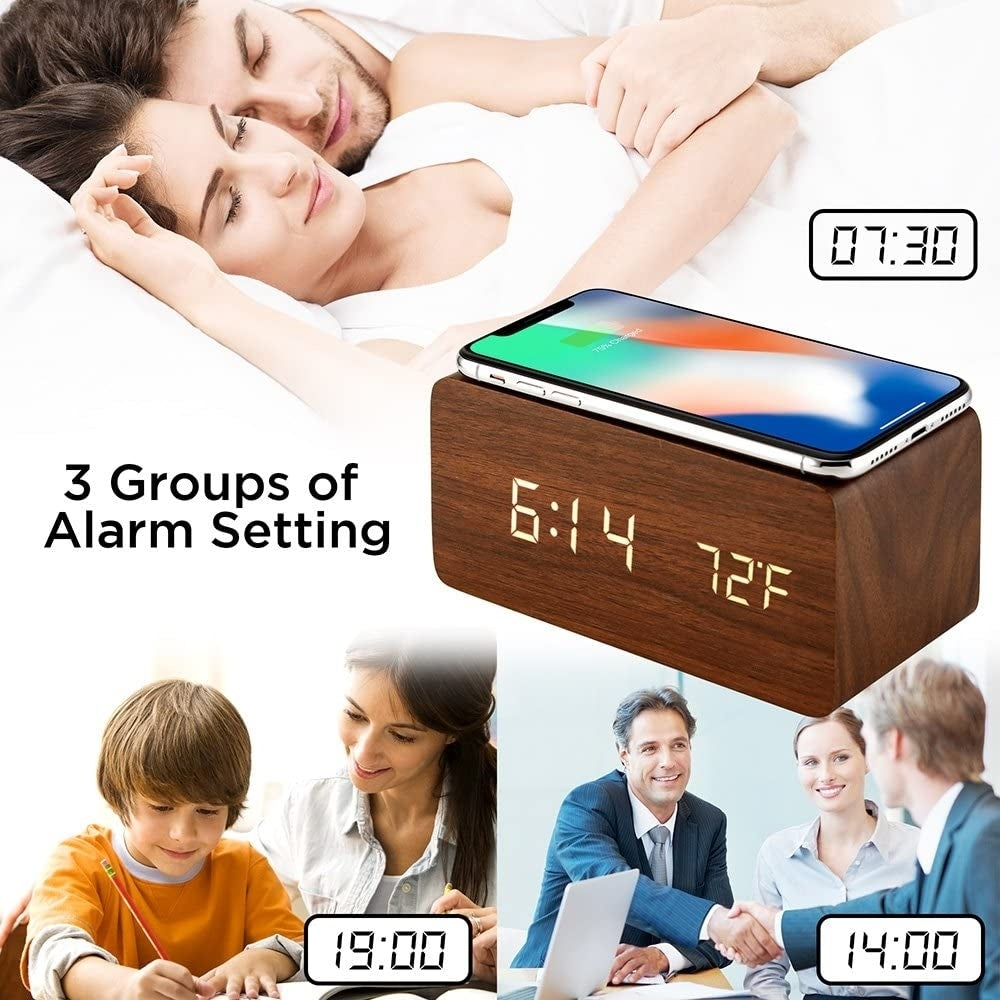 Brown Wood Digital LED Alarm Clock with Wireless Charging, Adjustable Sound and Brightness Image 6