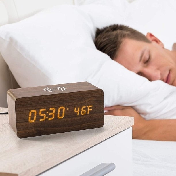 Brown Wood Digital LED Alarm Clock with Wireless Charging, Adjustable Sound and Brightness Image 7