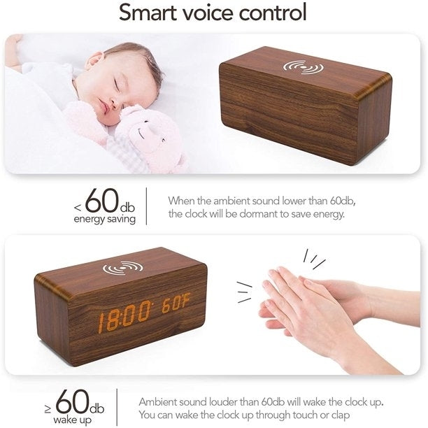 Brown Wood Digital LED Alarm Clock with Wireless Charging, Adjustable Sound and Brightness Image 9