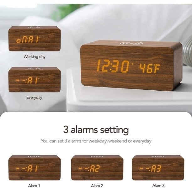 Brown Wood Digital LED Alarm Clock with Wireless Charging, Adjustable Sound and Brightness Image 10