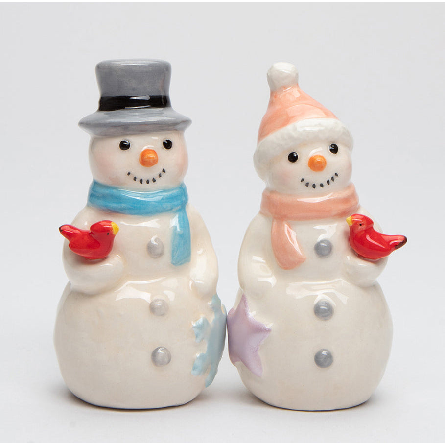 Ceramic Snowman Couple Salt and Pepper Shakers with Cardinal Birds Image 2