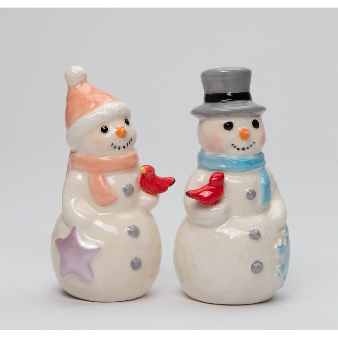 Ceramic Snowman Couple Salt and Pepper Shakers with Cardinal Birds Image 3