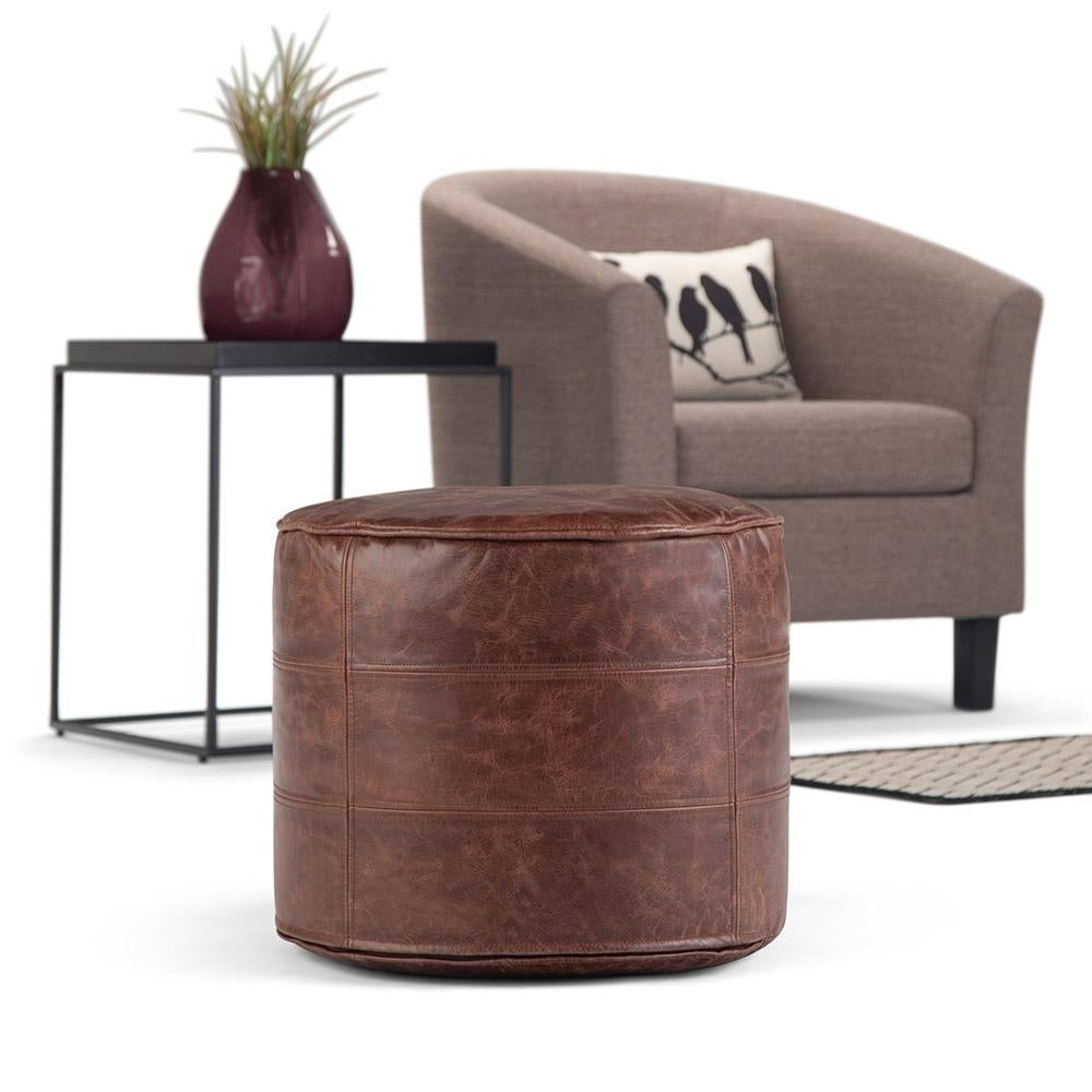 Connor Pouf Round Genuine Buffalo Leather 18 Inch Decorative Footstool Ottoman Image 4