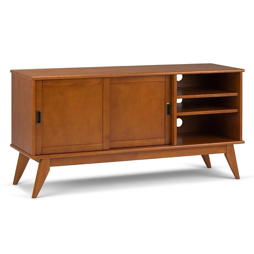 Draper TV Stand Mid Century Modern Solid Rubberwood 60 Inch 2 Sliding Doors Image 1