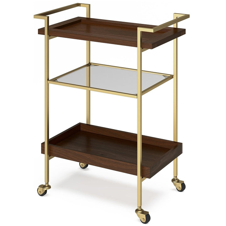 Jace 26 inch Mango Bar Cart Three Tier Storage Gold Metal Frame Mobile Image 1