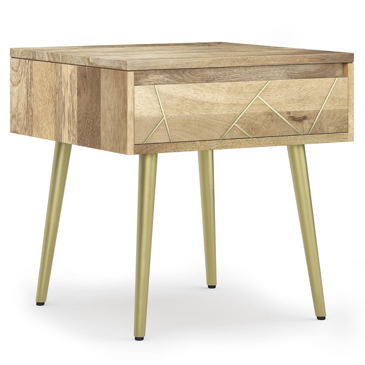 Jager Side Table Solid Mango Wood Mid Century Modern Design Brass Inlay Image 1