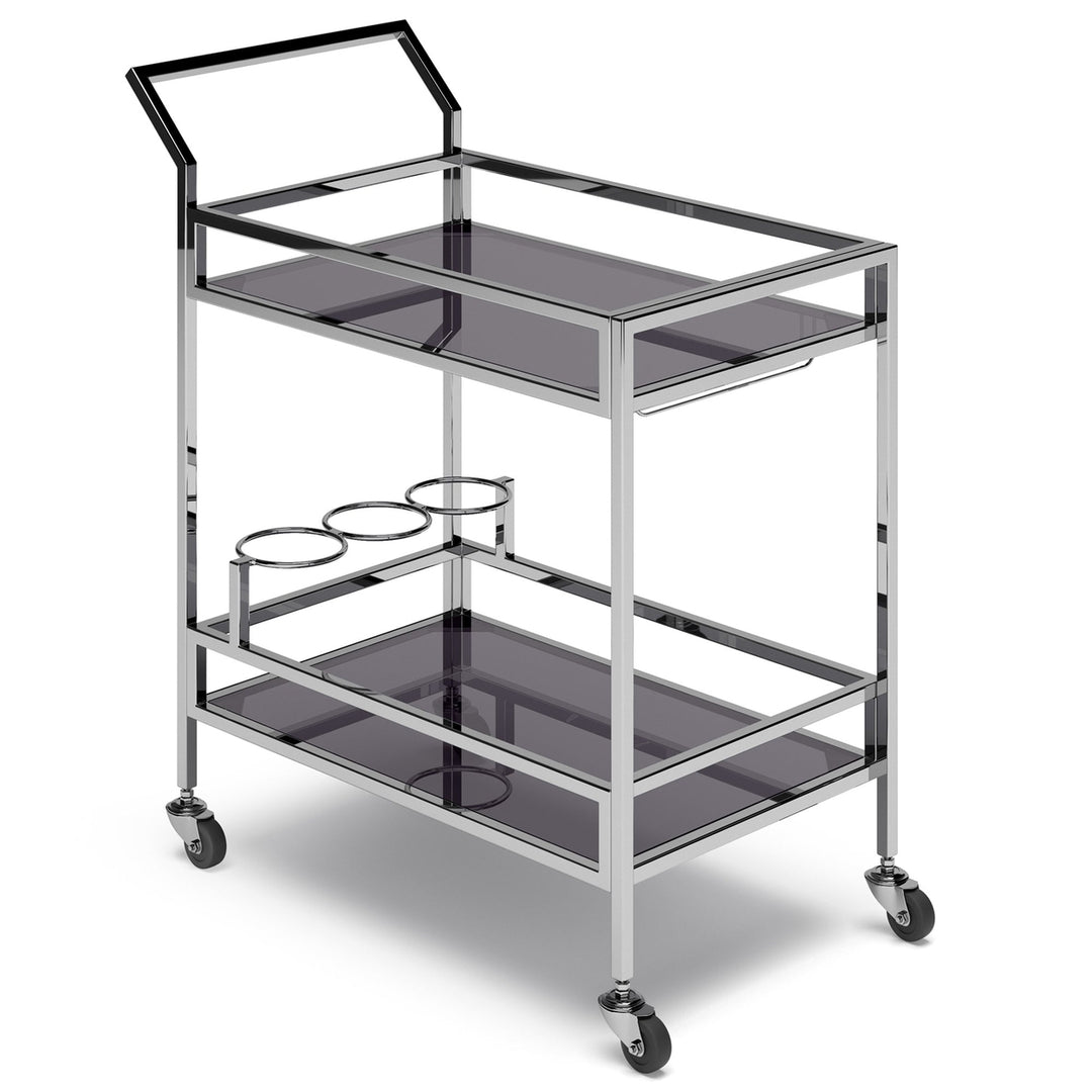 Watts Bar Cart Chrome Stainless Steel Clear Glass Rolling Storage 2 Shelves Image 1