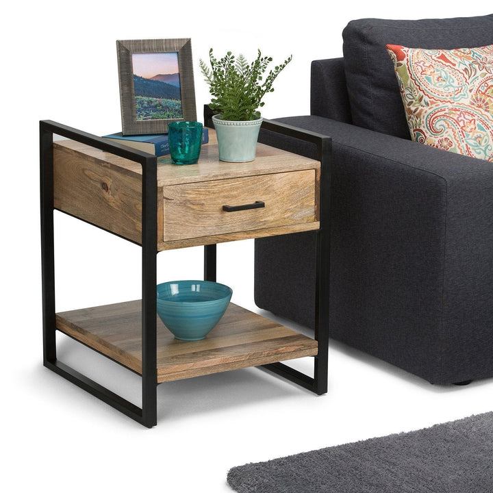 Riverside End Table Mango Wood 22in Multi-purpose Drawer Shelf Industrial Design Image 3